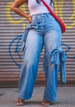 Women Lace-Up Pocket Wide Leg Straight Denim Pants