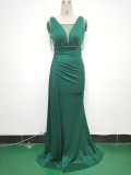 Women Satin Pleated Beaded Evening Dress