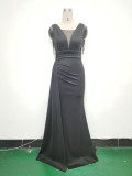 Women Satin Pleated Beaded Evening Dress