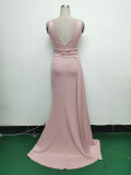 Women Satin Pleated Beaded Evening Dress