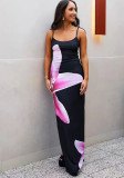 Women Floral Printed Sexy Backless Slit Suspender Bodycon Maxi Dress