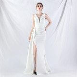 Women Pleated Satin Evening Dress