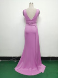 Women Satin Pleated Beaded Evening Dress