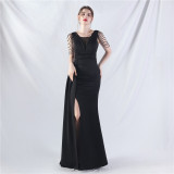 Women Satin Pleated Beaded Evening Dress