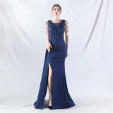 Women Satin Pleated Beaded Evening Dress