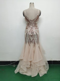 Women Sequin Patchwork Mesh Evening Dress