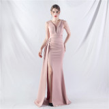 Women Satin Pleated Beaded Evening Dress