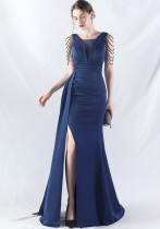 Women Satin Pleated Beaded Evening Dress Women Satin Pleated Beaded Evening Dress