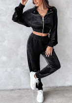 Women Turndown Collar Zipper Velvet Hoodies And Casual Sweatpants Two-Piece Set
