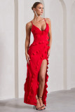 Summer Women's Sexy V-Neck strap Ruffle Slit Low Back Dress