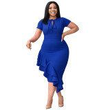 fashion Plus Size women's sexy Casual tie neck ruffle bodycon dress