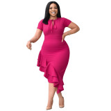 fashion Plus Size women's sexy Casual tie neck ruffle bodycon dress