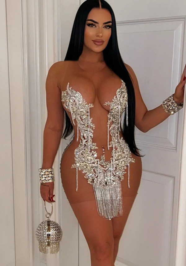 Sequin See-Through tassel sexy slim sleeveless Bodycon club dress