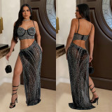 Fashionable Women's Fashion Beaded See-Through  Long Dress