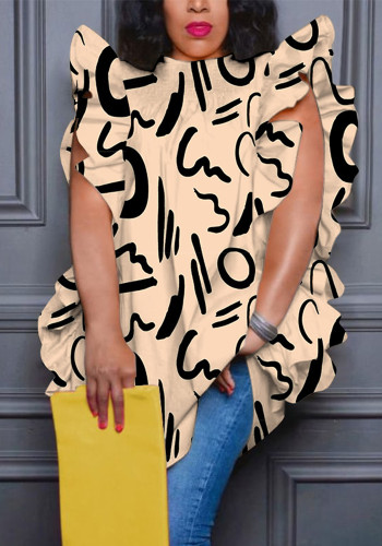 Women's Plus Size print Round Neck ruffle loose shirt top