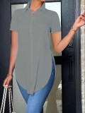 Summer fashion turndown collar ladies solid color short sleeve slim shirt
