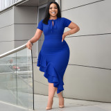 fashion Plus Size women's sexy Casual tie neck ruffle bodycon dress