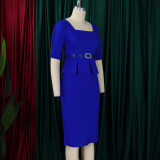 African Women's Turndown Collar Fashion Chic Short Sleeve OL Ruffle Slim Waist Dress