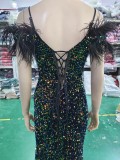 Women Herringbone ostrich velvet sequined mermaid evening dress