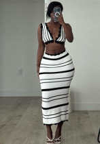 Summer Lace-Up Deep V Low Back Tops High Waist Slim Striped Skirt Two Piece Set