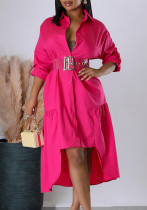 Women's Turndown Collar Solid Color Fashion Loose Casual Button Irregular Shirt Dress