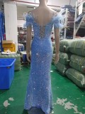Women Herringbone ostrich velvet sequined mermaid evening dress