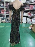 Women Herringbone ostrich velvet sequined mermaid evening dress