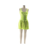 Fashionable Sexy Casual Solid Color Printed Strap Patchwork Puff Dress