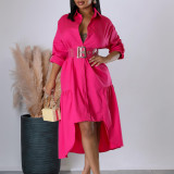 Women's Turndown Collar Solid Color Fashion Loose Casual Button Irregular Shirt Dress