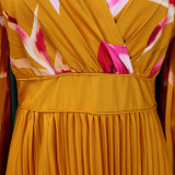 Women's V-Neck Long Sleeve Printed Pleated Chic Long Dress
