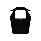 Summer Women Knitting Ribbed Sexy U-neck Turndown Collar Crop Tank Top