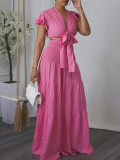 Plus Size Women Short Sleeve Lace-Up Top And Wide Leg Pants Two-Piece Set