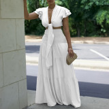 Plus Size Women Short Sleeve Lace-Up Top And Wide Leg Pants Two-Piece Set