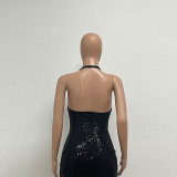Women Backless Party sleeveless Halter Neck tassel sequin slit dress