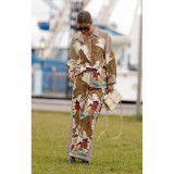 Autumn Winter Long Sleeve Casual Holidays Two-Piece Loose Print Shirt Pants Set