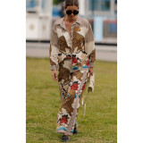 Autumn Winter Long Sleeve Casual Holidays Two-Piece Loose Print Shirt Pants Set