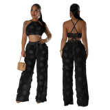 Women Solid Color See-Through Lace-Up Top Loose Slim Pants Two-Piece Set