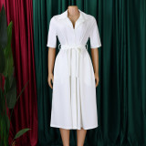 Plus Size Women Summer Short Sleeve Turndown Collar Lace-Up Solid African Dress