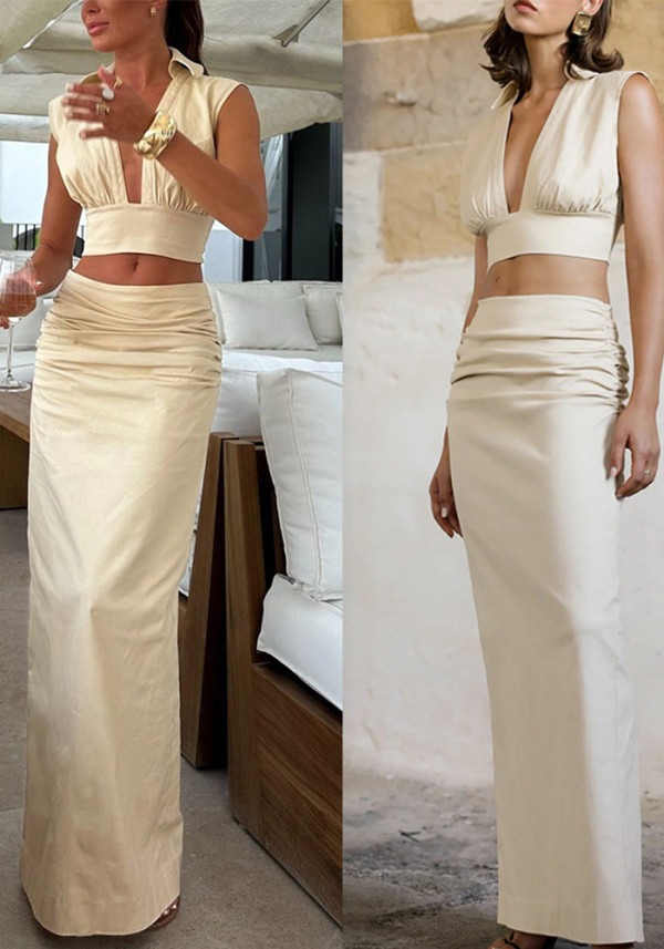 Spring Summer Turndown Collar Sleeveless Top Long Skirt Casual Two-Piece Set