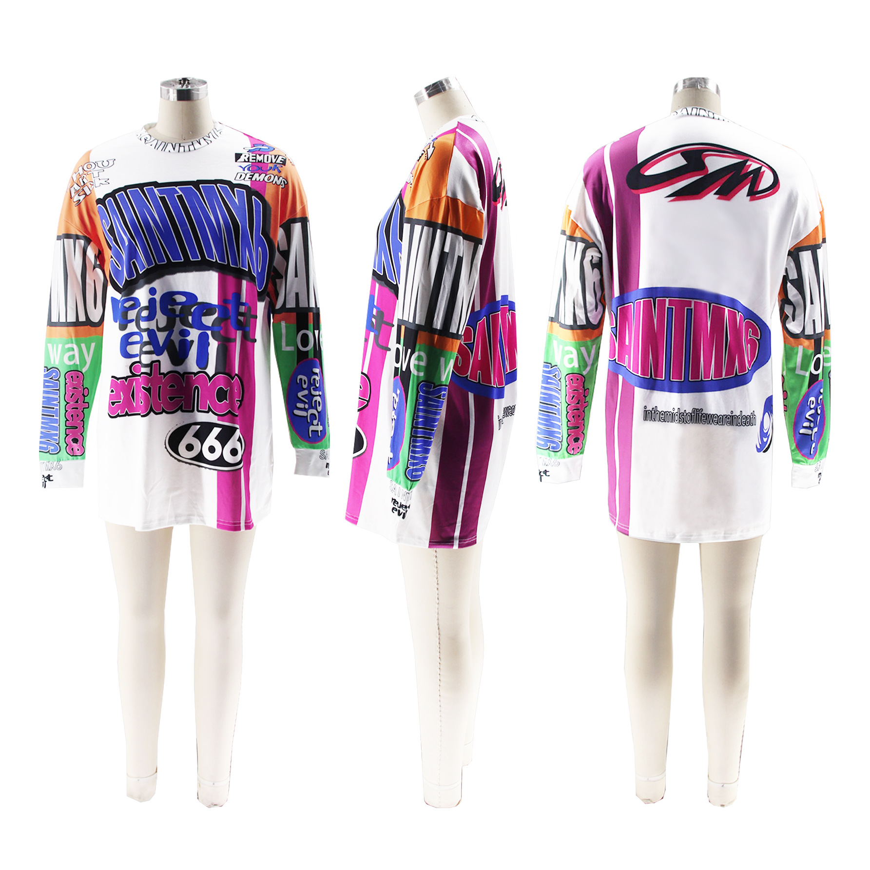 Contrast Patchwork Graffiti Letter Long-Sleeve T-Shirt Dress