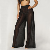 Sexy See-Through High Waist Solid Color Wide Leg Loose Trousers
