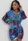 Women's Printed Turndown Collar Long Sleeve Shirt Top Sexy Slim Bodycon Short Skirt Two-Piece Set