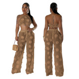 Women Solid Color See-Through Lace-Up Top Loose Slim Pants Two-Piece Set