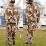 Autumn Winter Long Sleeve Casual Holidays Two-Piece Loose Print Shirt Pants Set