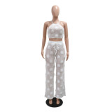 Women Solid Color See-Through Lace-Up Top Loose Slim Pants Two-Piece Set