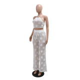 Women Solid Color See-Through Lace-Up Top Loose Slim Pants Two-Piece Set