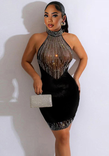 Women See-Through Mesh Beaded Patchwork Velvet Halter Neck Bodycon Dress