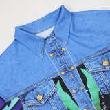 Women's Printed Turndown Collar Long Sleeve Shirt Top Sexy Slim Bodycon Short Skirt Two-Piece Set