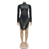 Spring Summer Women's Long-Sleeved Short Solid Color Beaded Mesh Feather Dress