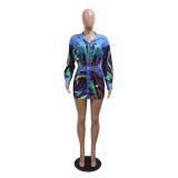 Women's Printed Turndown Collar Long Sleeve Shirt Top Sexy Slim Bodycon Short Skirt Two-Piece Set